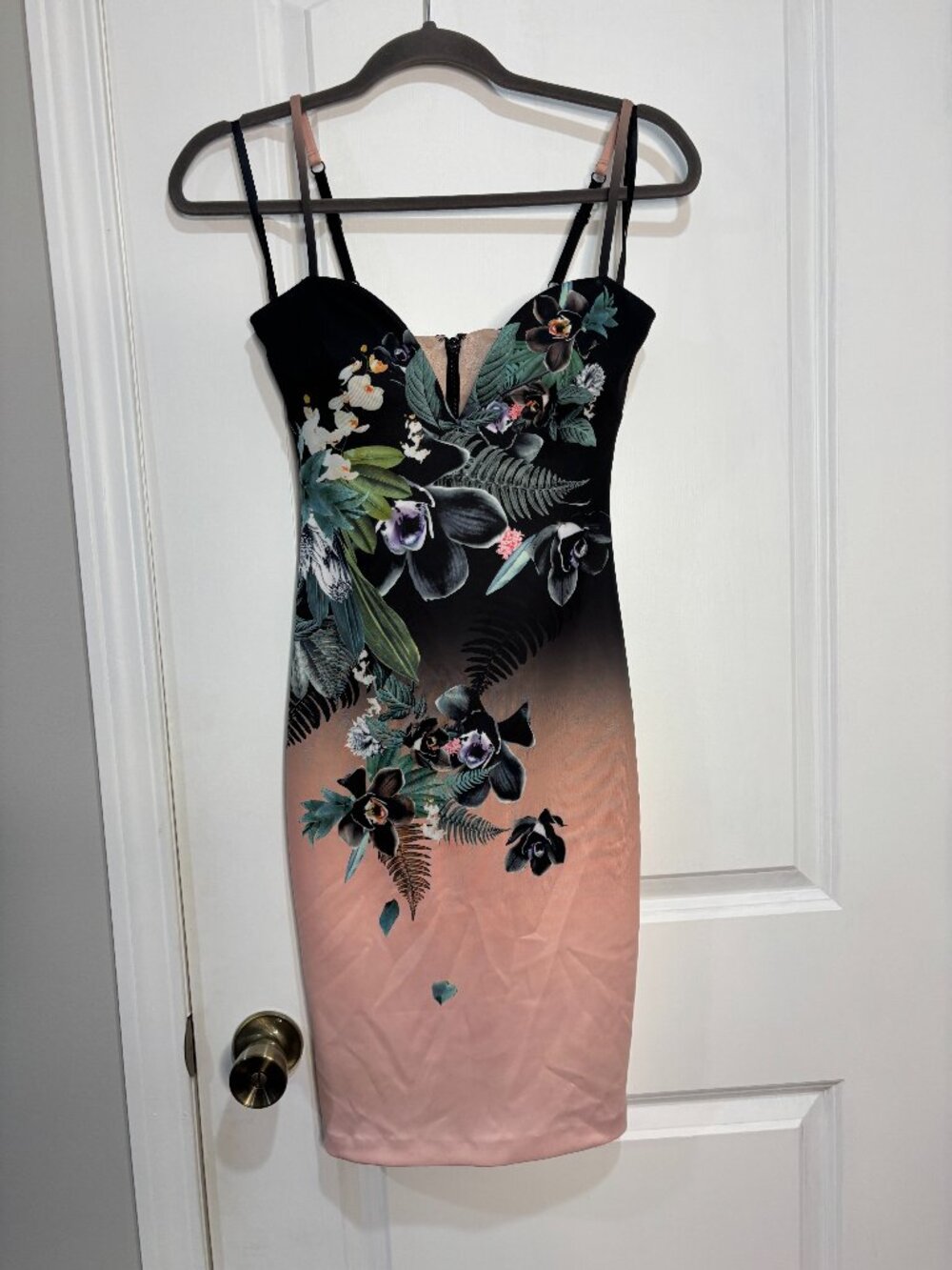 Bebe Black/Pink Orchid Print Scuba Bodycon Midi Dress Size XXS
